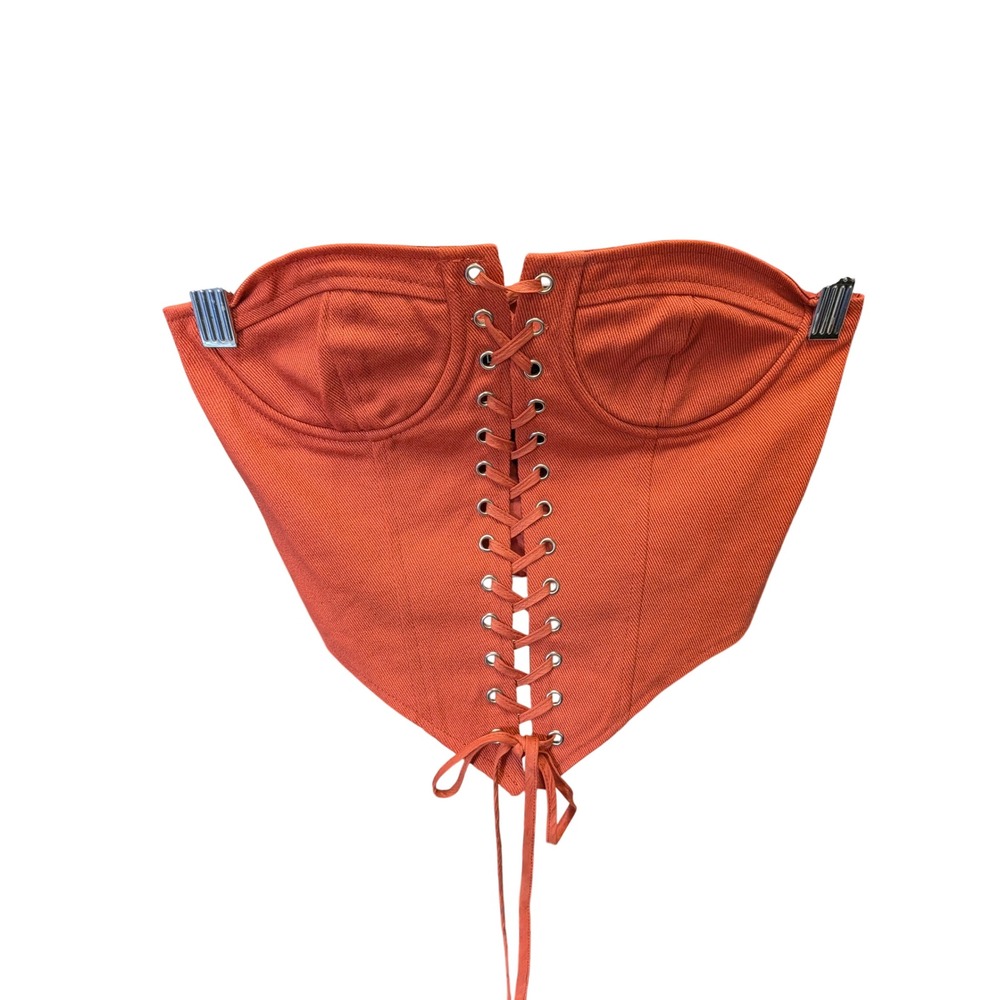Lioness Burnt Orange Denim Lace Up‎ Corset Bustier Top Strapless Pointed Hem NEW